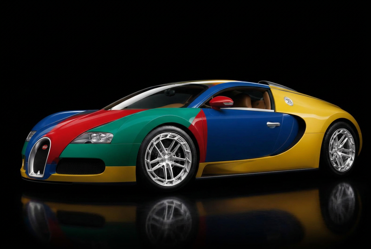 Concept render of a Bugatti Veyron in the four-colour Volkswagen Harlequin livery